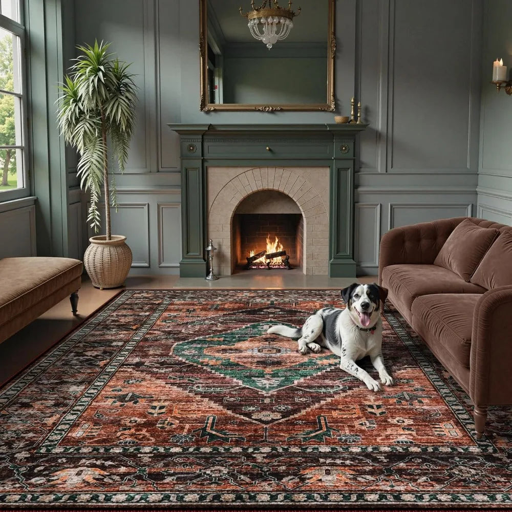 8x10 Ultra-Thin Living Room Rug (Non-Slip Washable Non-Shedding) (Oriental Vintage Distressed Carpet for Dining, Bedroom, Office