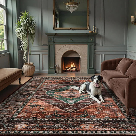 8x10 Ultra-Thin Living Room Rug (Non-Slip Washable Non-Shedding) (Oriental Vintage Distressed Carpet for Dining, Bedroom, Office