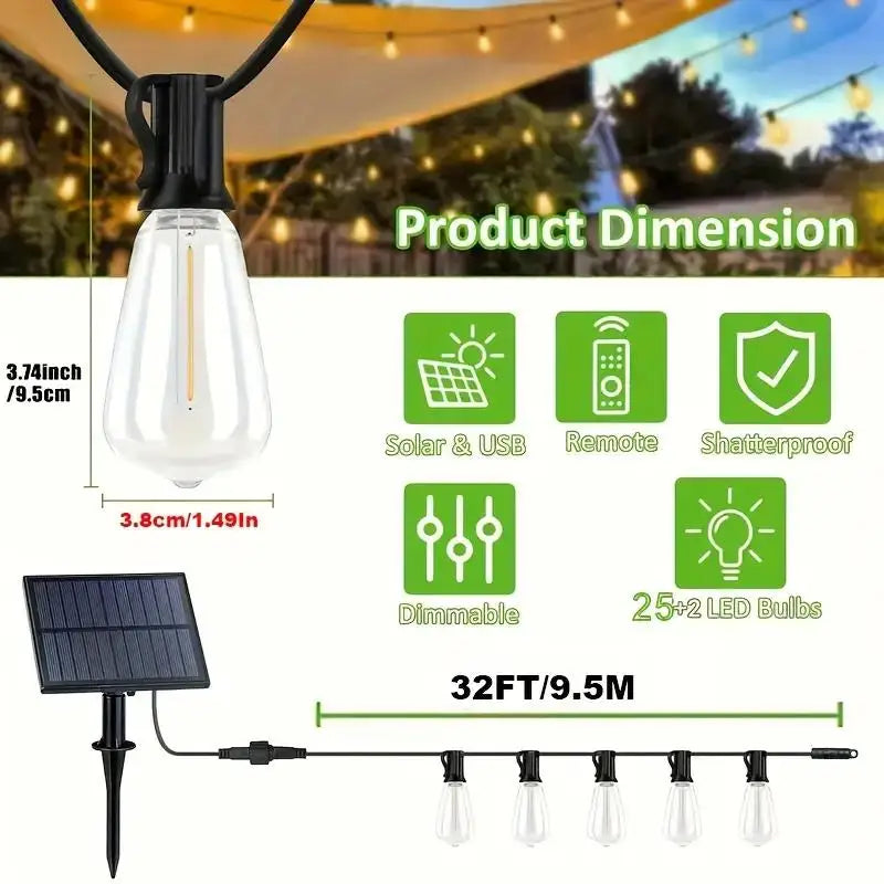 Solar Rechargeable Outdoor LED String Lights, 32 Feet Commercial Grade, 25+2 Edison Bulbs Adjustable Ambient Lights