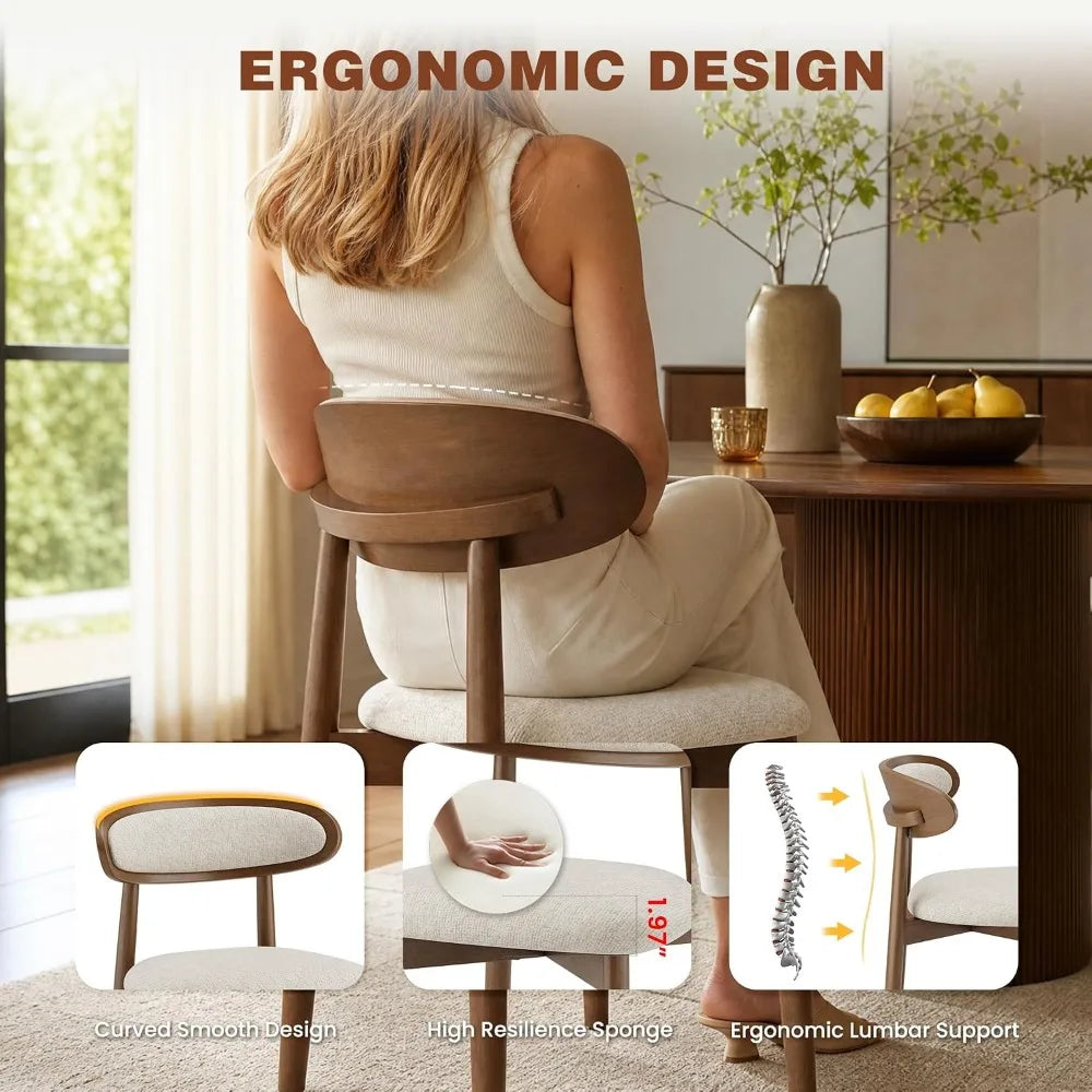 Upholstered Farmhouse Dining Chairs Set of 4, Modern Fabric with Ergonomic Backrest, Solid Wood Legs, Beige