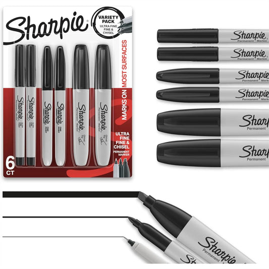 Sharpie Permanent Markers 6-Pack, Fine Ultra-Fine Chisel Tips for Writing Coloring Posters Office School Supplies, Black