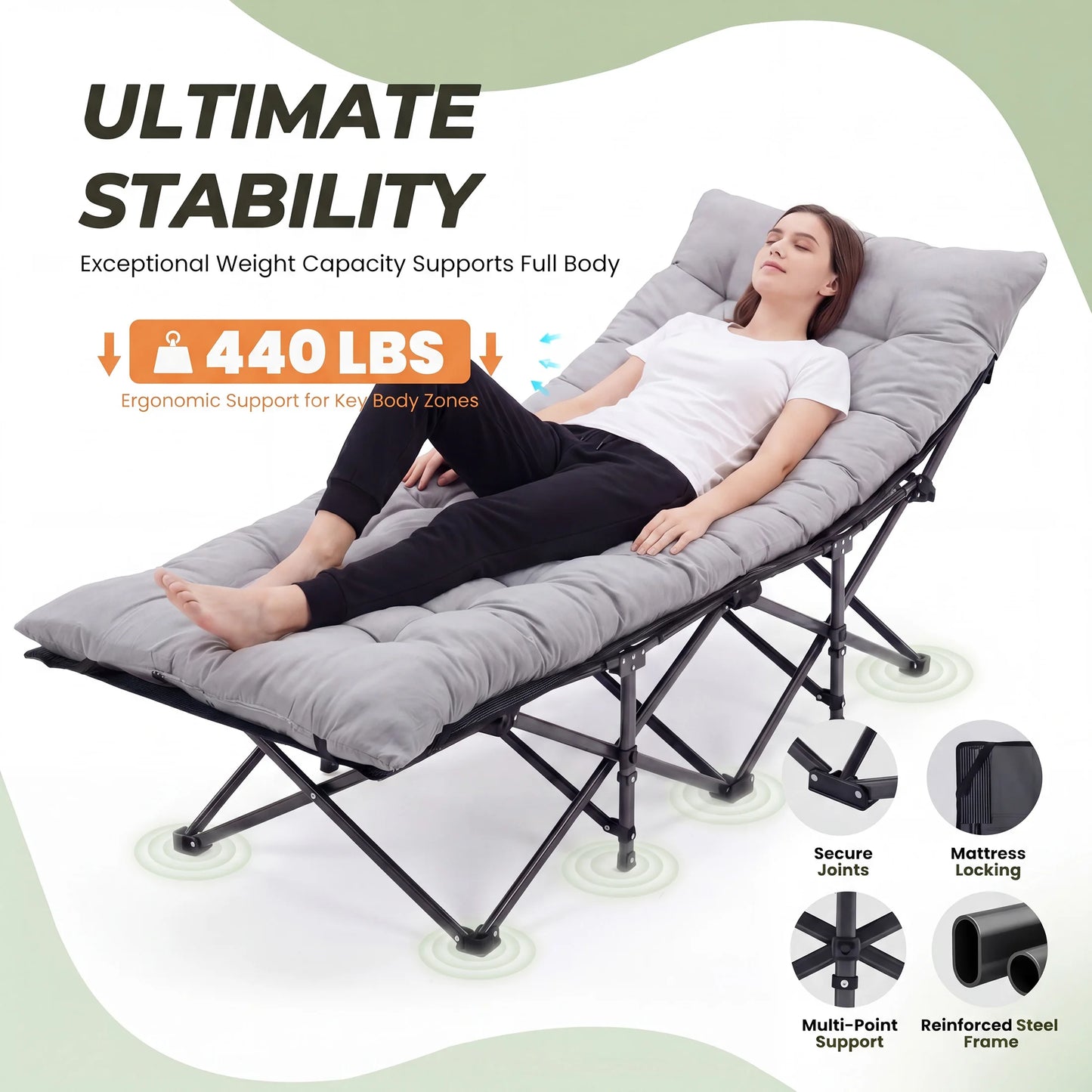 JHK Folding Camping Makeshift Bed Beach Lounge Chair Portable 3.5'' Cushion 440 lbs Sturdy Frame Compact Carry With Storage Bed for Outdoor Camping Hiking