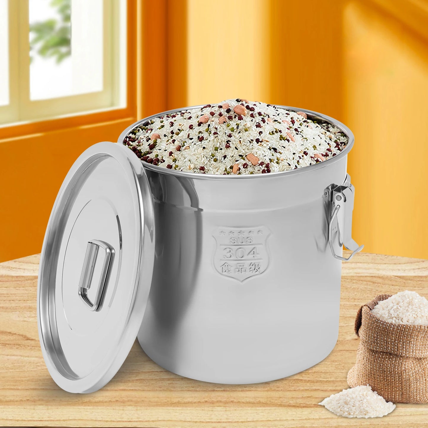 21L Stainless Steel Airtight Rice Bucket Canister Kitchen Food Storage Container 304 Stainless Steel Rice Container with Lid