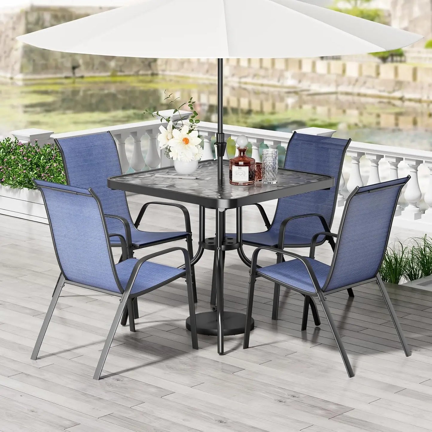 Patio Dining Set 5 Pieces, All Weather Outdoor Furniture W/30"X 30" Table and 4 Stackable Textilene Chairs, Metal, Customized