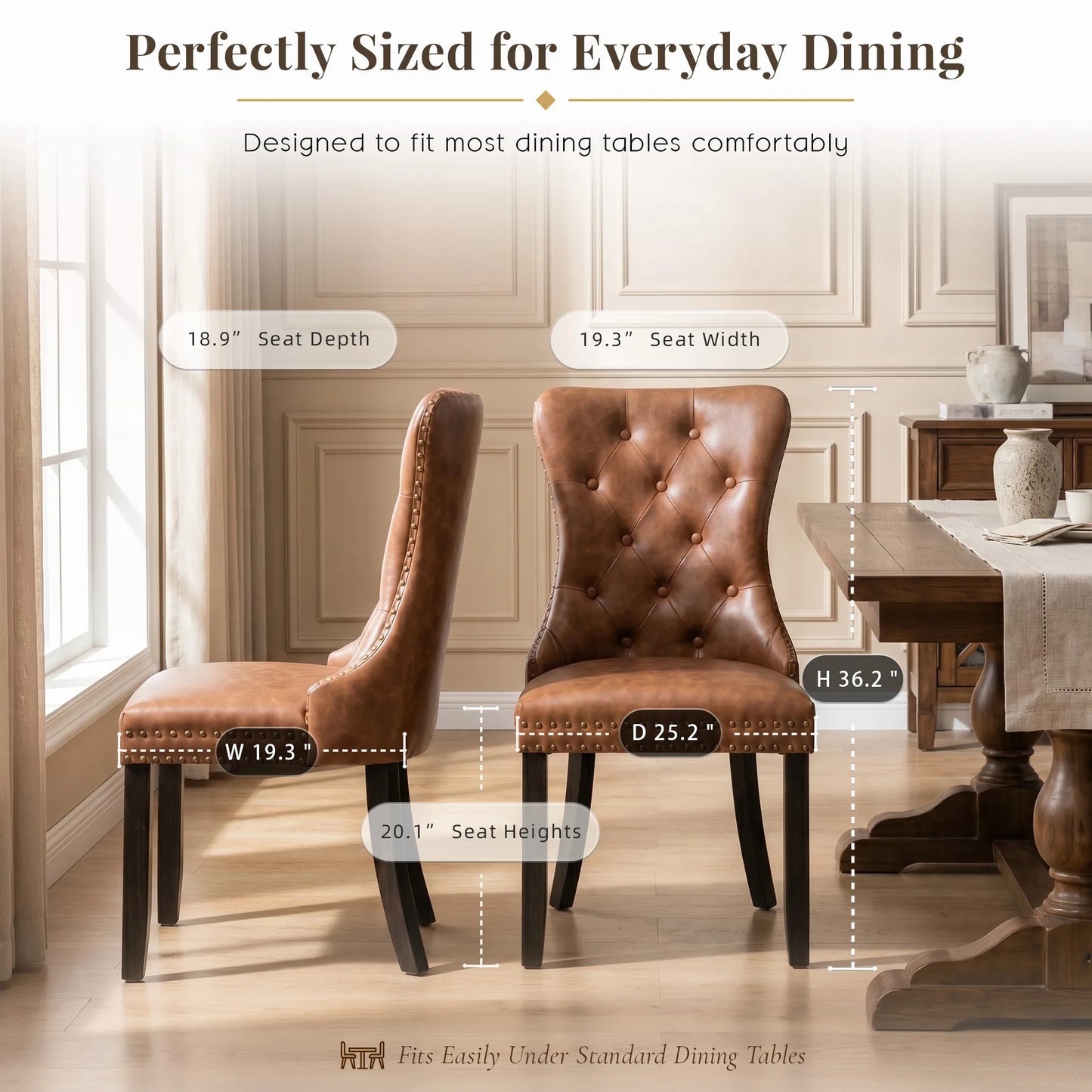 Set of 2 Tufted Faux Leather Dining Chairs with Nailhead Trim, Upholstered Side Chairs