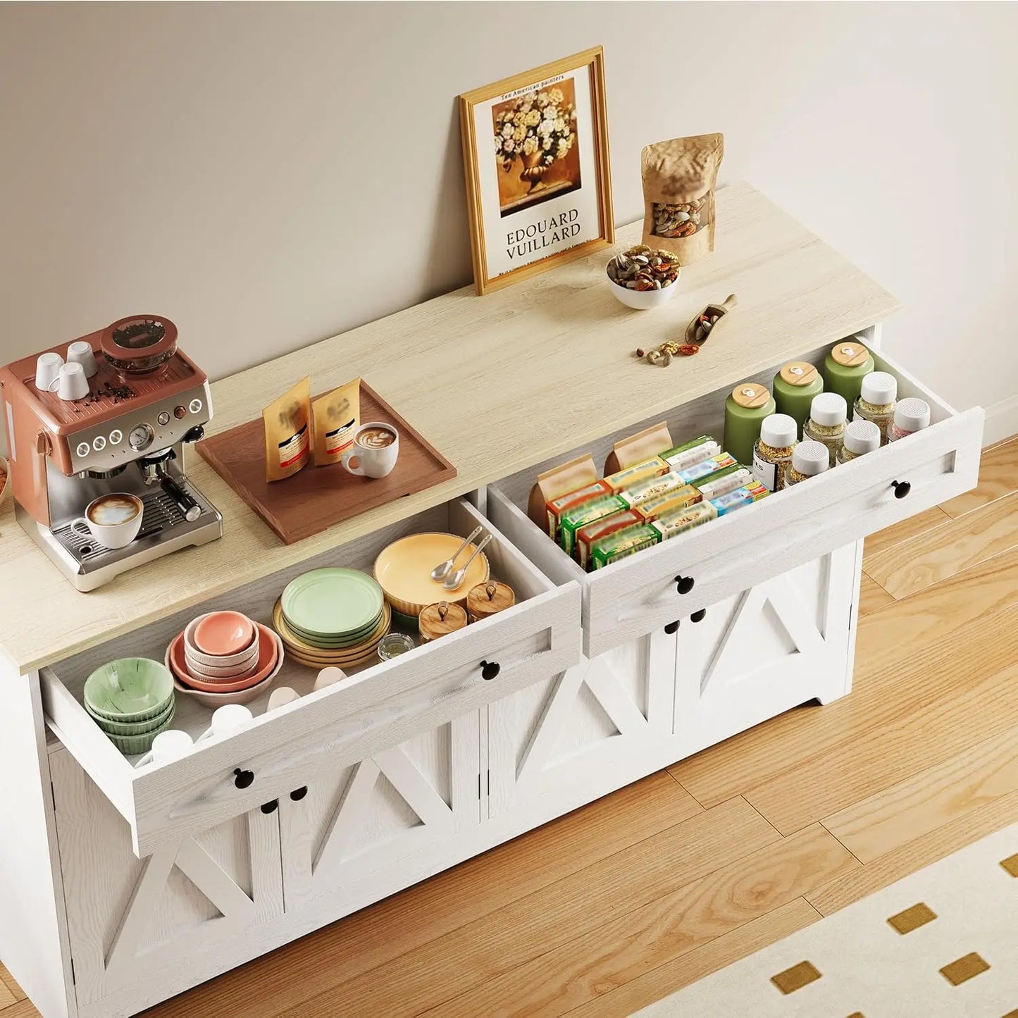 IRONCK Buffet Cabinet with Storage, Sideboard Storage Cabinet,  Natural Wood, Kitchen Cabinet with Drawers & Doors, White