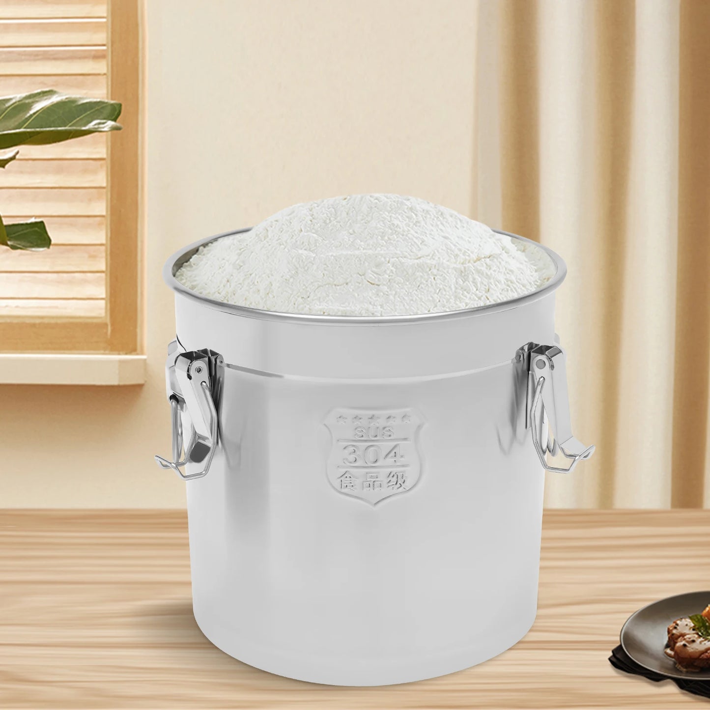 21L Stainless Steel Airtight Rice Bucket Canister Kitchen Food Storage Container 304 Stainless Steel Rice Container with Lid