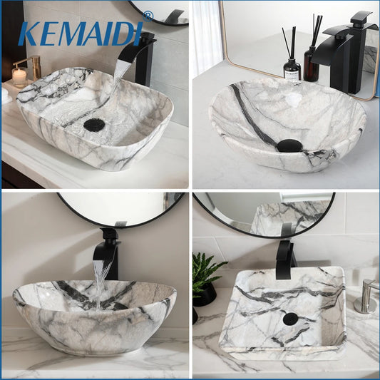 KEMAIDI Marble Pattern Ceramic Bathroom Vessel Sink Set, Multiple Shape Basin with Black Faucet Above-Counter Vanity Sink Kit