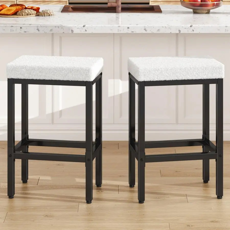 26 Inch Counter Height Bar Stools Set of 2, White Modern Kitchen Barstools with Metal Leg, Bar Stool Chairs for Kitchen Island C
