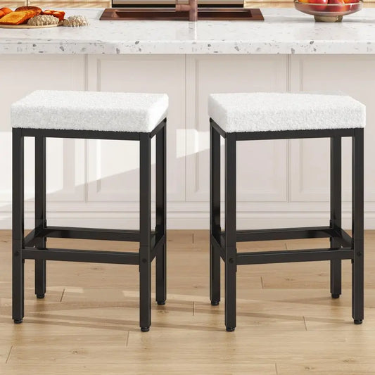 26 Inch Counter Height Bar Stools Set of 2, White Modern Kitchen Barstools with Metal Leg, Bar Stool Chairs for Kitchen Island C