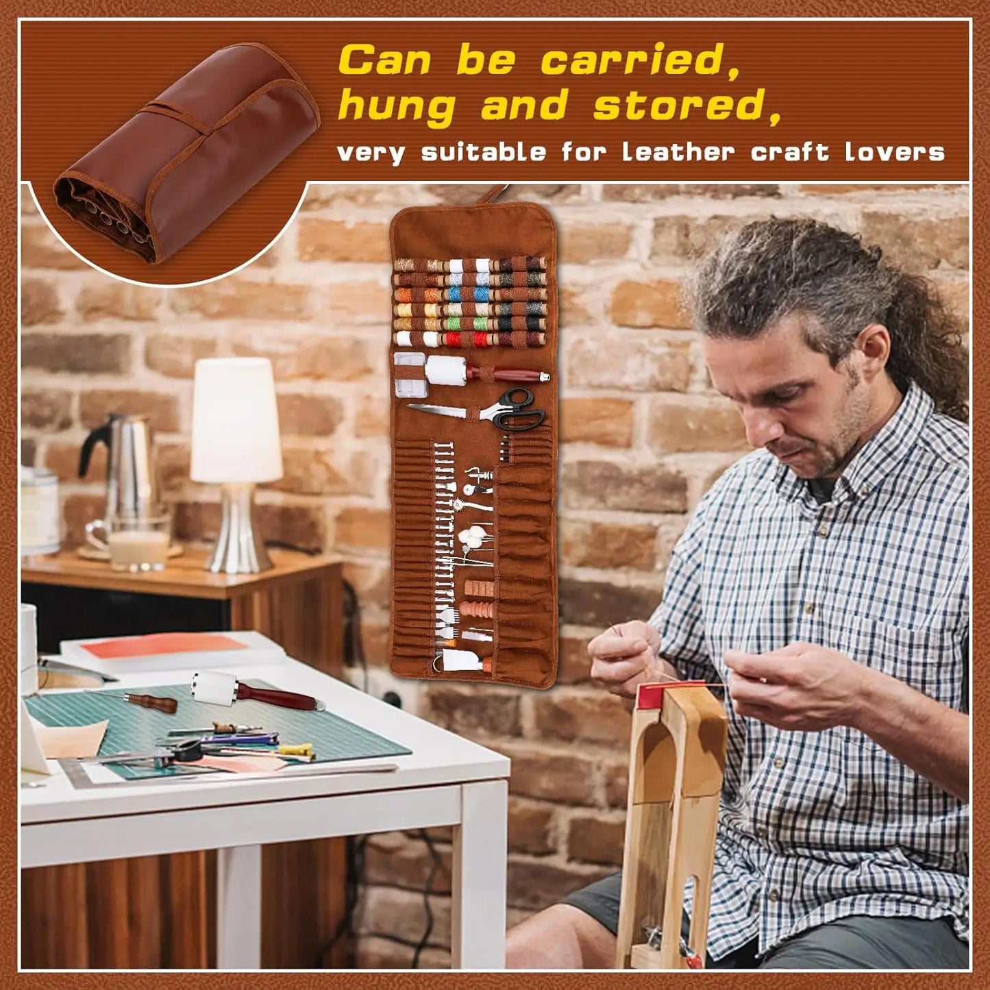 Leather Crafting Tool Kit with Storage Bag for DIY Sewing Carving Punching Stamping, Essential Supplies
