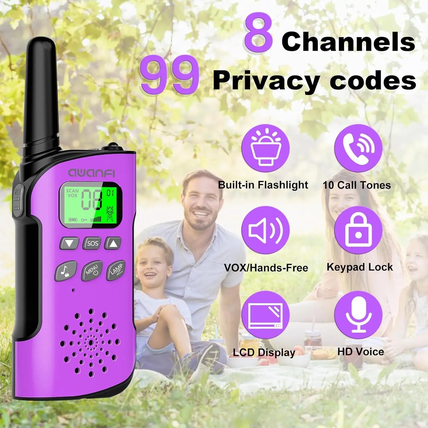 AWANFI Kids Walkie Talkies Rechargeable  2/3/4 Packs Long Range FRS, 22 Channels, VOX, 1000mAh Li-ion Battery for Camping Hiking