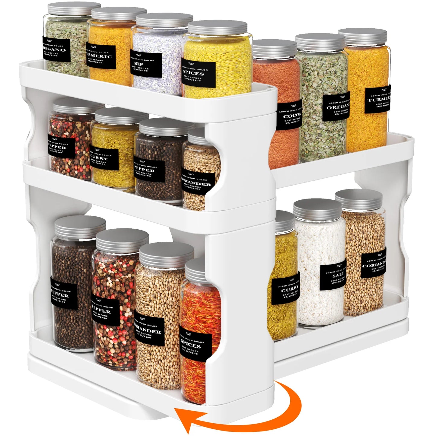 Spice Rack Organizer for Cabinet, Slide & Rotate Spice Organizer, Double 3-tier Adjustable Shelves with Fence & Non-Skid Pad