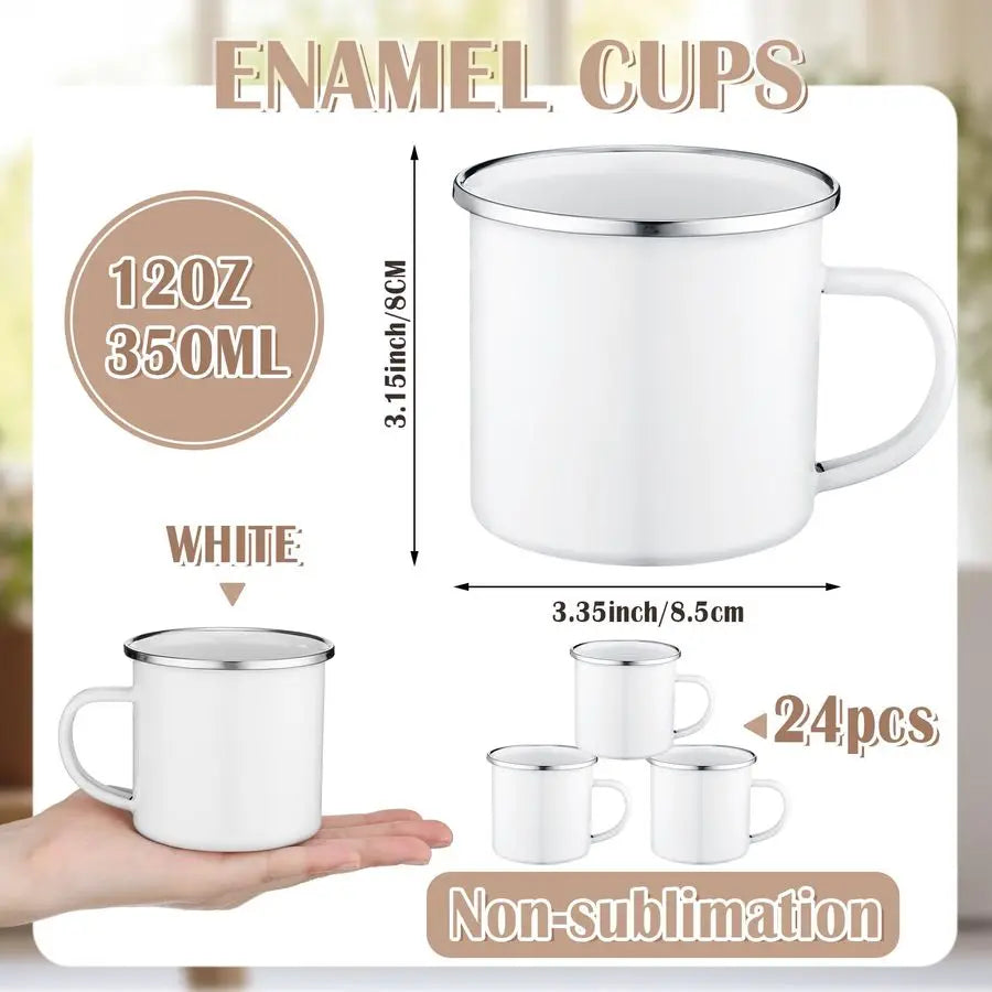 24 Pcs Enamel Mug White Camping Coffee Mug with Handle Silver Rim Portable Drinking Cup Metal Round Camp Enamel Cup for Tea and