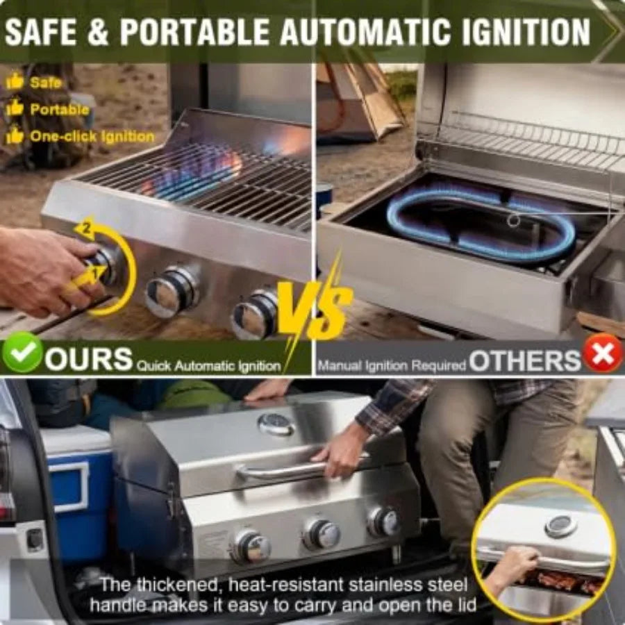 3-Burner Tabletop Gas Grill 30 000 BTU Portable Propane Grill with Heavy-Duty Thickened Stainless Steel Grates and Stainless St