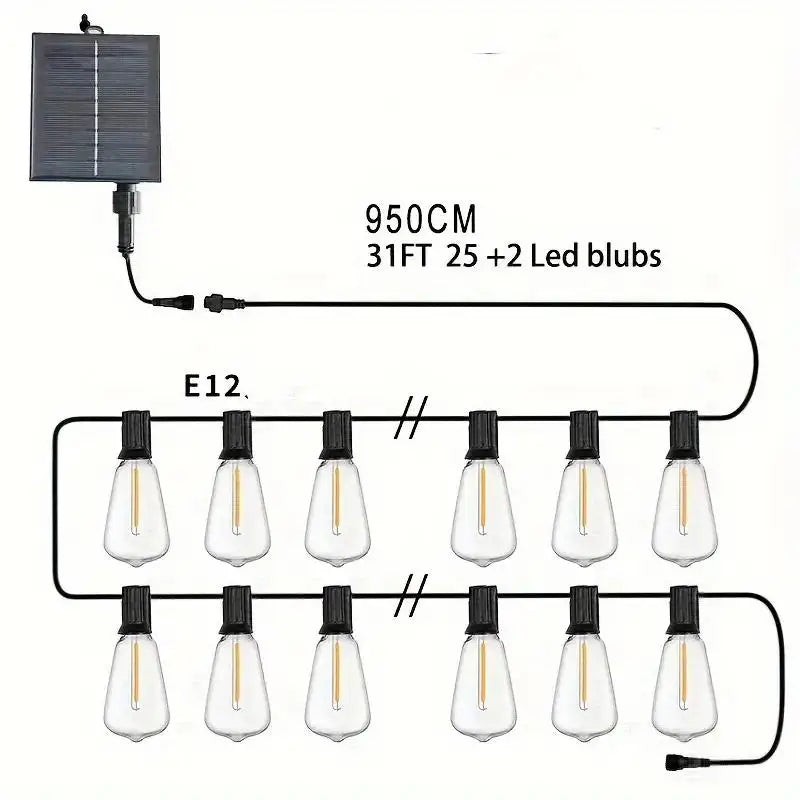 Solar Rechargeable Outdoor LED String Lights, 32 Feet Commercial Grade, 25+2 Edison Bulbs Adjustable Ambient Lights