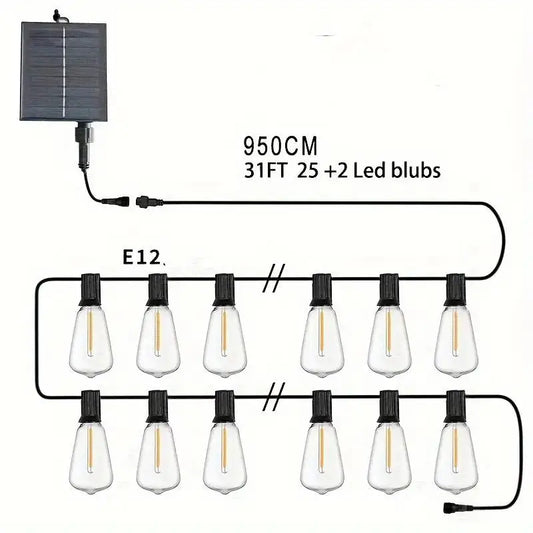 Solar Rechargeable Outdoor LED String Lights, 32 Feet Commercial Grade, 25+2 Edison Bulbs Adjustable Ambient Lights