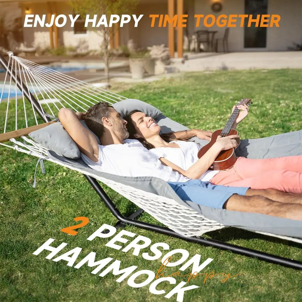 2 Person Outdoor Hammock with Stand, Cotton Rope Hammock with Polyester Pad, Adjustable Steel Frame, Portable with Carrying Bag