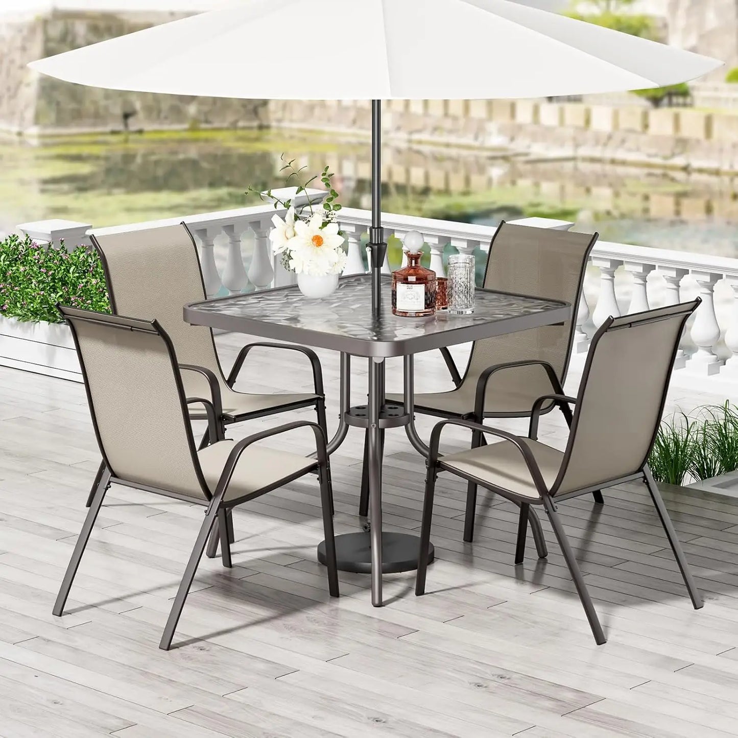 Patio Dining Set 5 Pieces, All Weather Outdoor Furniture W/30"X 30" Table and 4 Stackable Textilene Chairs, Metal, Customized