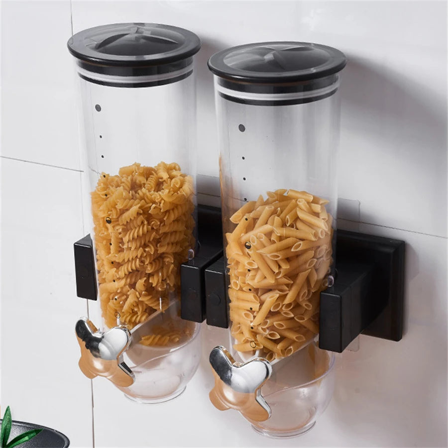 Wall-mounted 2 Barrel Cereal Dispenser, Food Grain Storage Tanks, Cereal Distributor with 2 Cups, Coffee Beans Rice Container