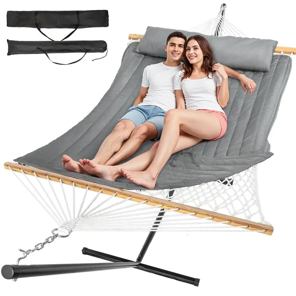 2 Person Outdoor Hammock with Stand, Cotton Rope Hammock with Polyester Pad, Adjustable Steel Frame, Portable with Carrying Bag