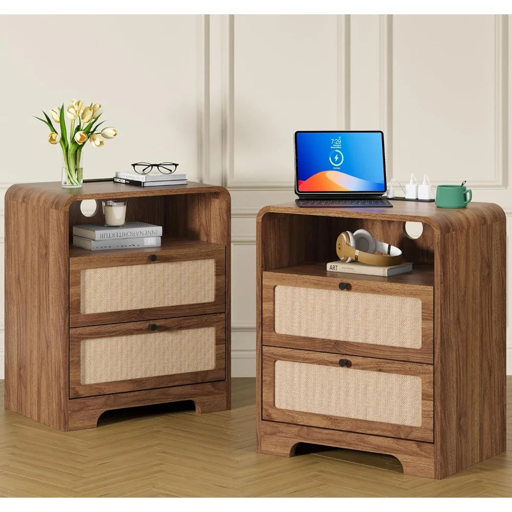 Set of 2 Night Stand with Charging Station, 19.7" Wooden Side Table Curved Nightstands with 2 Drawers & USB/Type-C, Customized