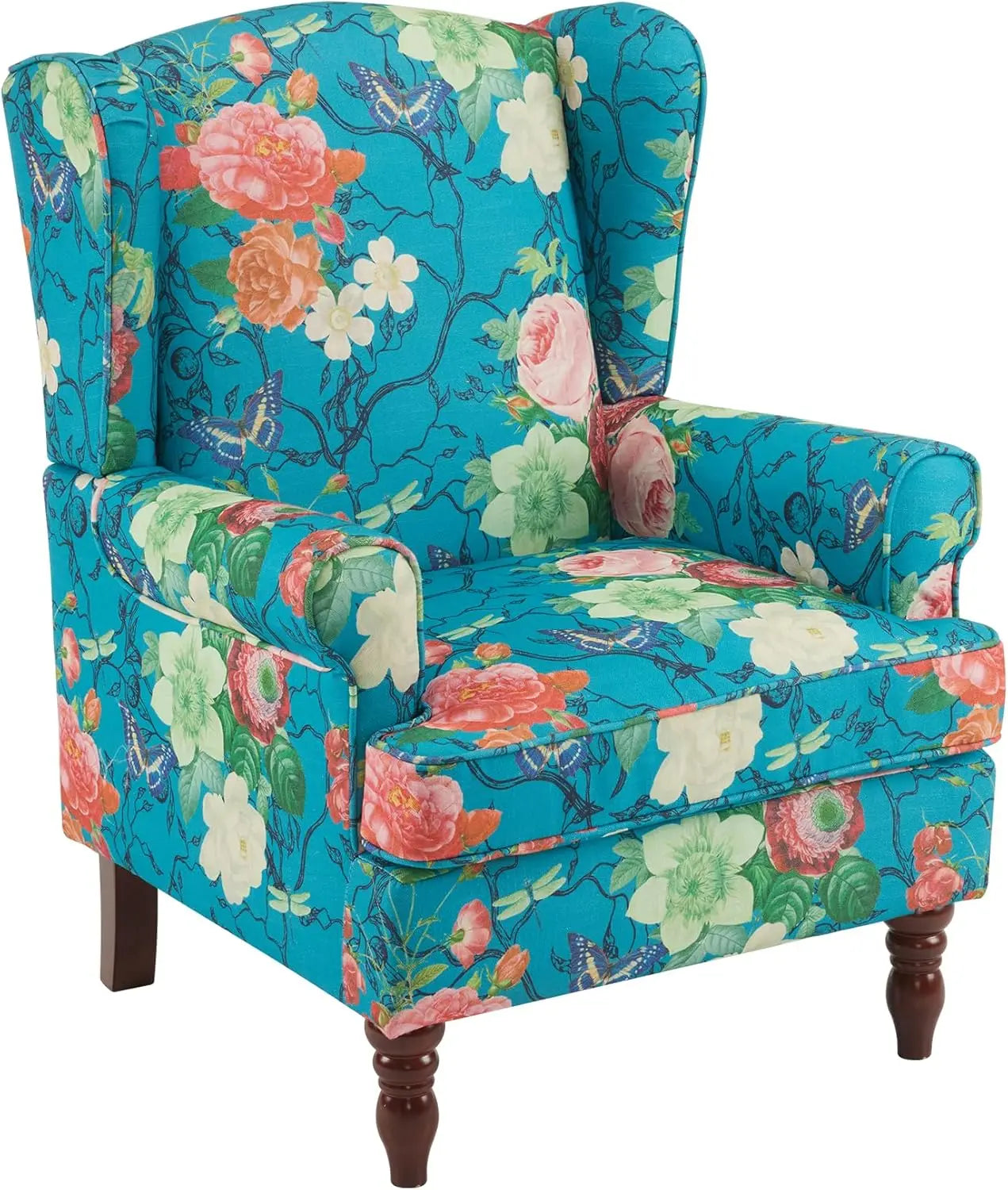 Floral Accent Chair, High Back Upholstered Armchair with Solid Legs, Leisure Single Sofa Chair for Living Room, Bedroom