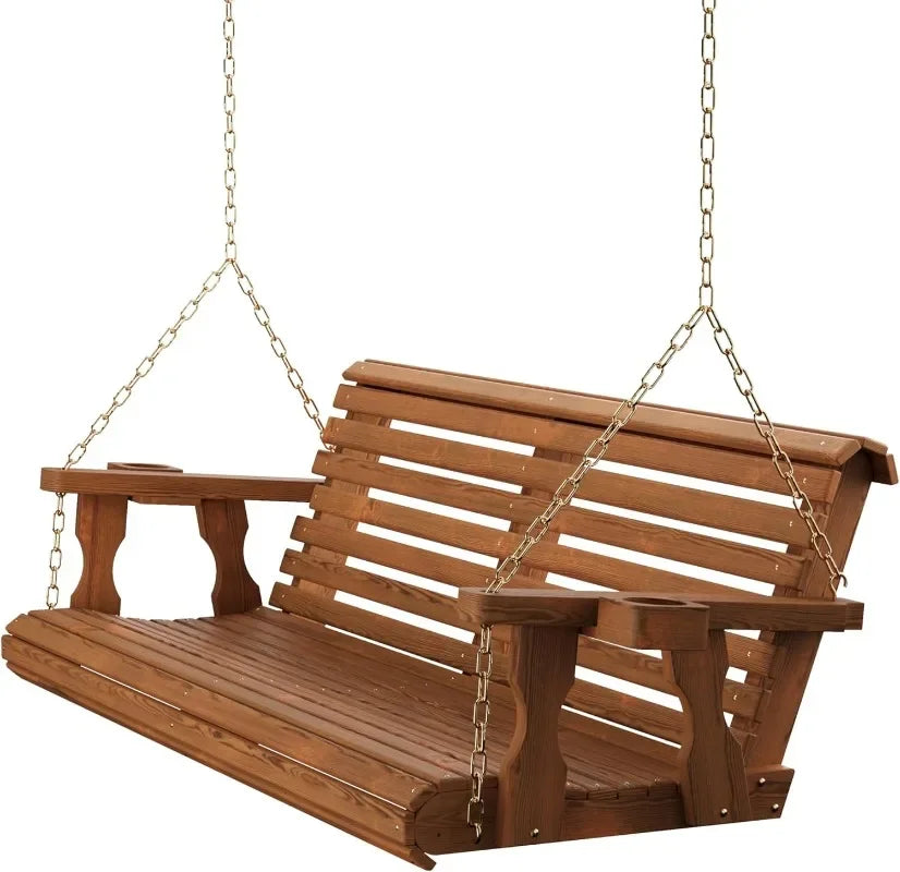 Amish Casual Heavy Duty 700 Lb Capacity Porch Swing with Cup Holders (4 Foot, Cedar Stain) – Wooden Outdoor Roll Back Swing