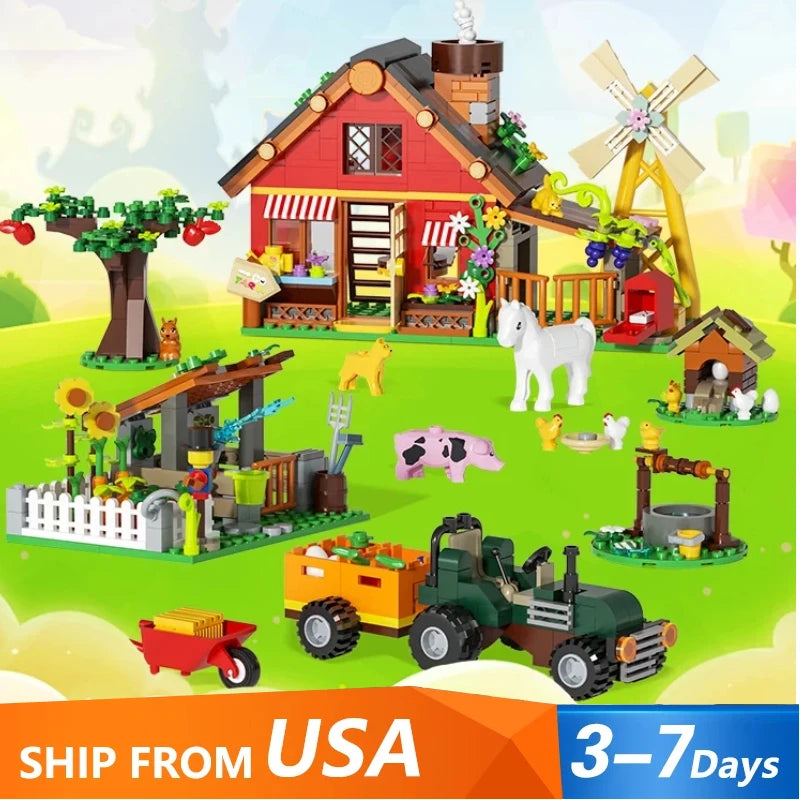 649PCS Creative Windmill Farm Building Blocks with Agricultural Car Animals Trees Plants Brick Accessories Puzzle Kids Toys Gift