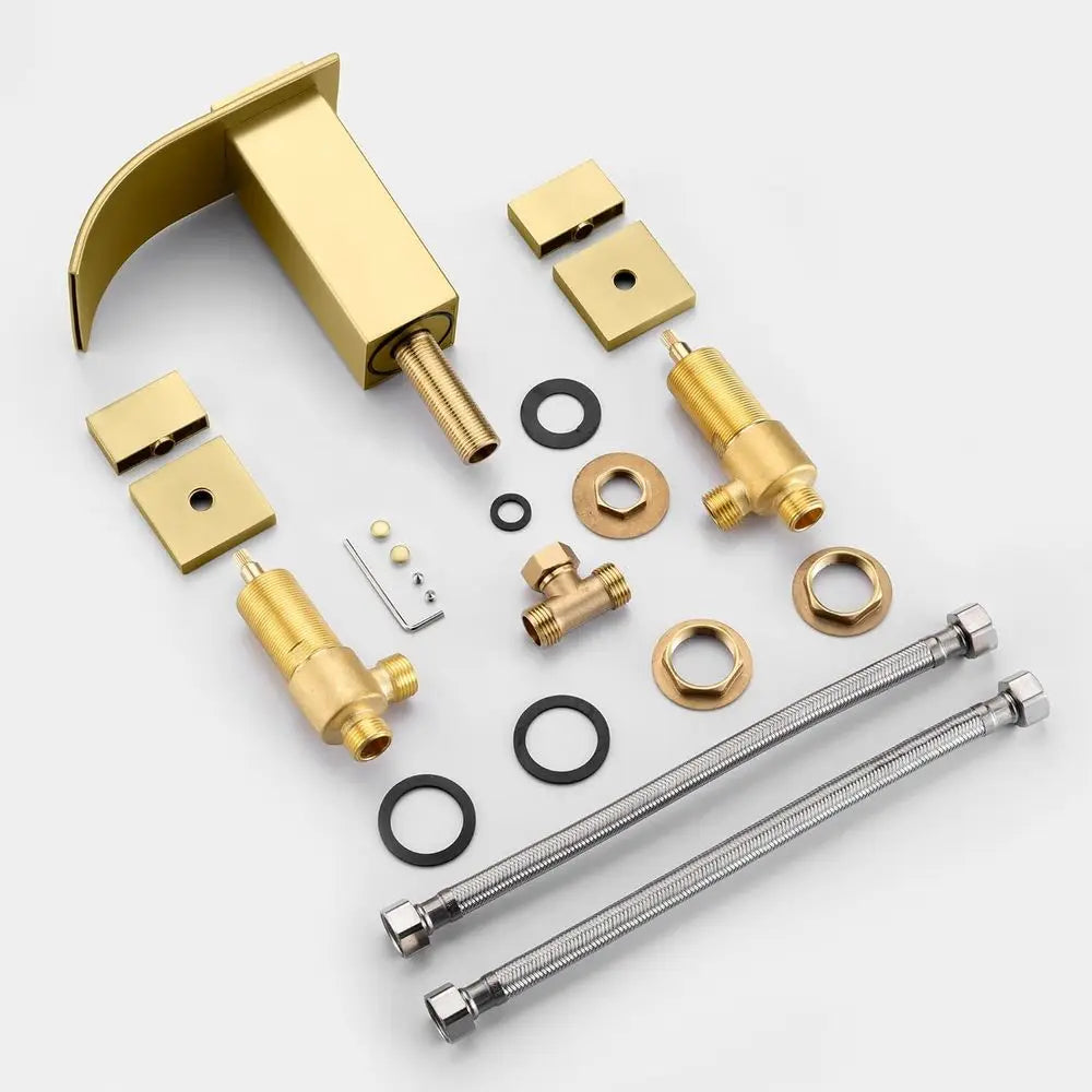 Handle Roman Tub Faucet 3 Hole Waterfall Bathtub Faucet Brushed Gold with Valve