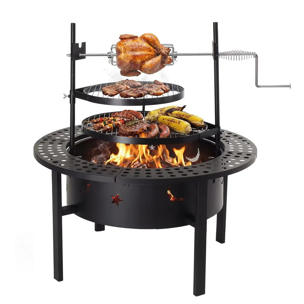 Upgrated 33 Outdoor Fire Pit with 2 Grills, Grill with Side Shelves, Wood Burning Round Firepit with Swivel Cooking Grate, Remo