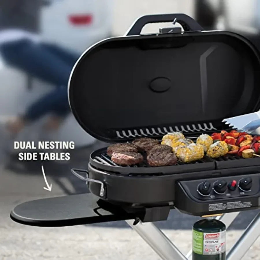 RoadTrip 285 Portable Stand-Up Propane Grill for outdoor cooking, camping, tailgating; stainless steel, black; 3 adjustable bur