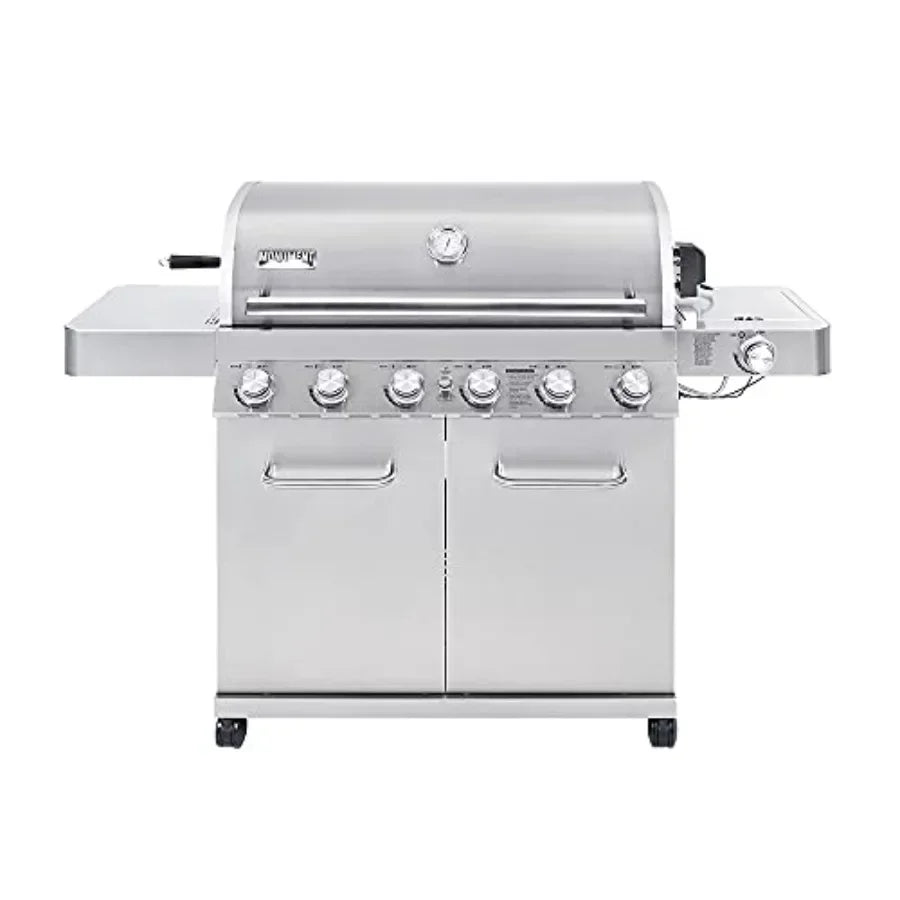 Propane gas grill for outdoor cooking, stainless steel cabinet style, silver, 6+1 burners with knob controls, side burner, buil