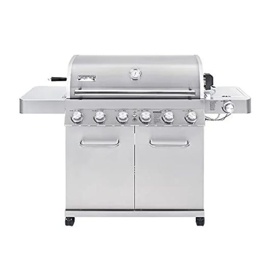 Propane gas grill for outdoor cooking, stainless steel cabinet style, silver, 6+1 burners with knob controls, side burner, buil