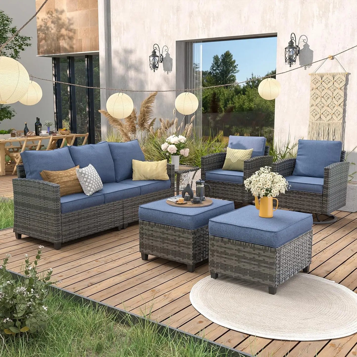 6pc Gray PE Rattan Sectional Sofa Set Swivel Chair & Side Table 4" Cushions Patio Garden, Customized