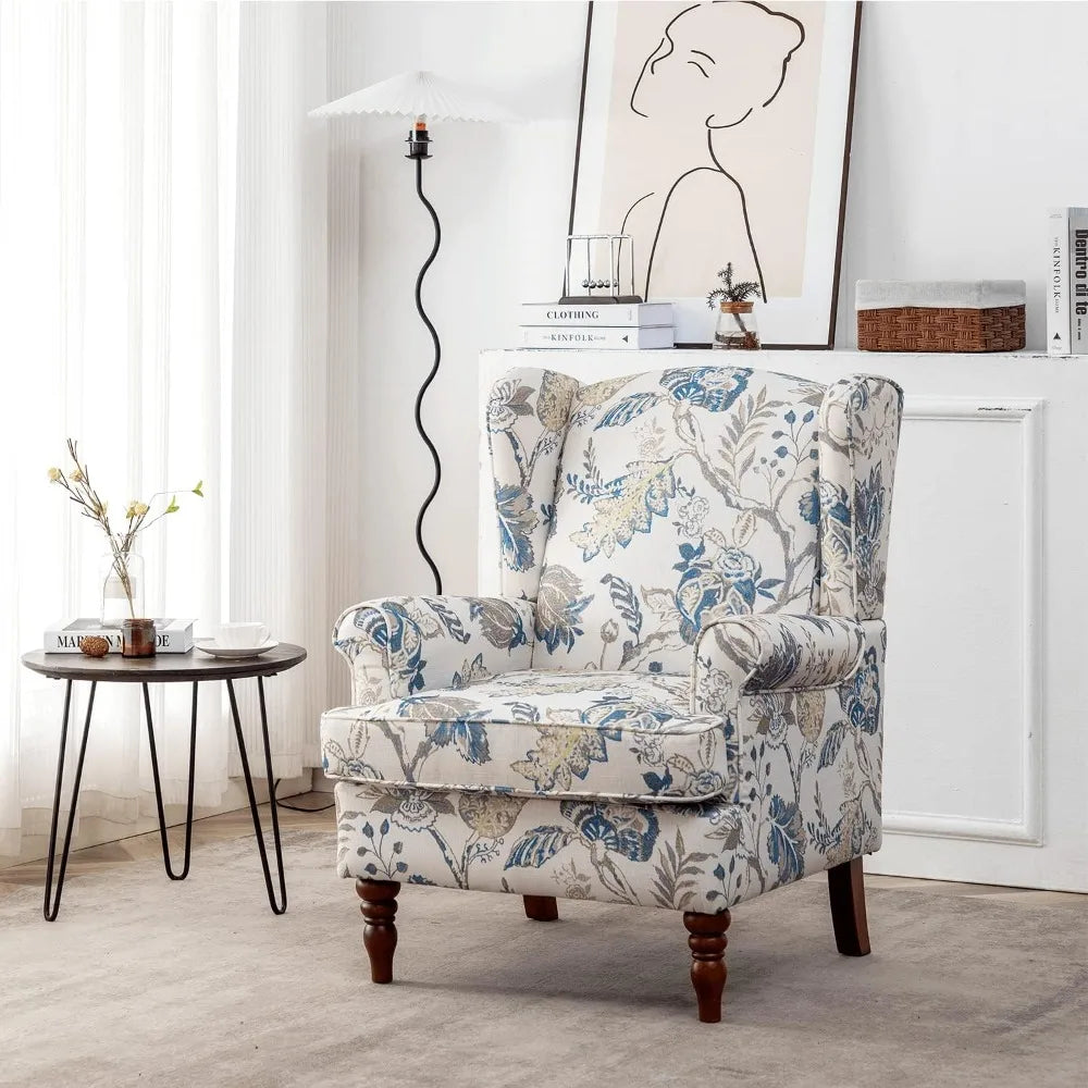 Floral Accent Chair, High Back Upholstered Armchair with Solid Legs, Leisure Single Sofa Chair for Living Room, Bedroom