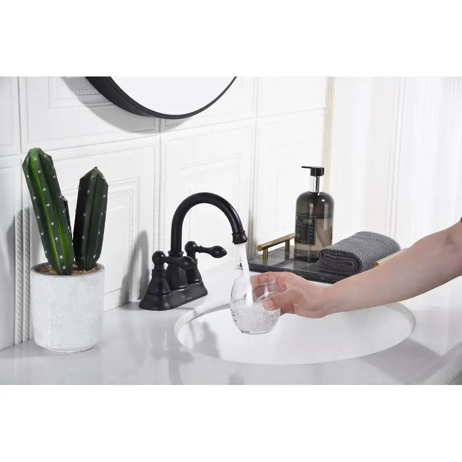 Handle Bathroom Sink Faucet Matte Black 3 Hole with Overflow Pop up Drain, 360 Swivel Spout, Centerset Lavatory Faucet, F4501MT