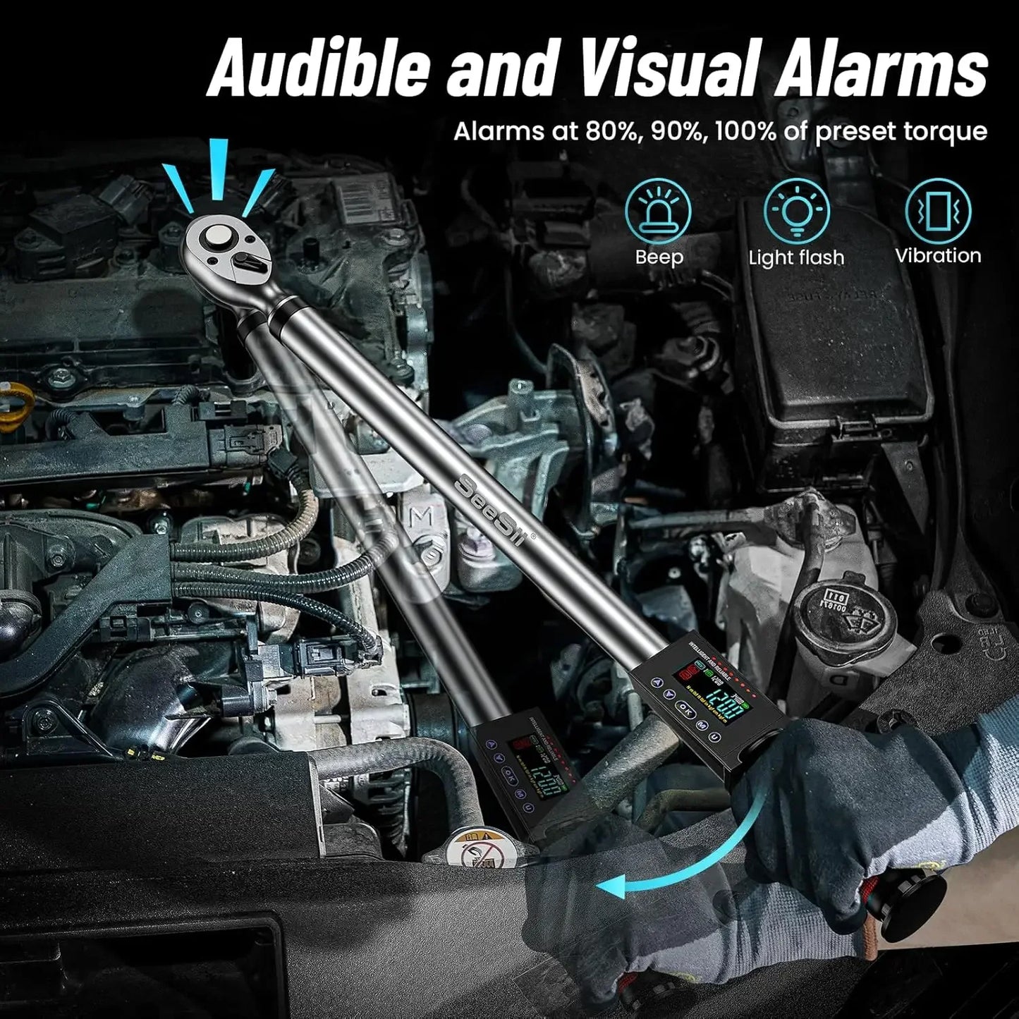 Seesii 1/2"Digital Torque Wrench 340Nm Electric Wrench 2%Accuracy long Wrench w/LED light 3 Adjustable Modes for car Motorcycle