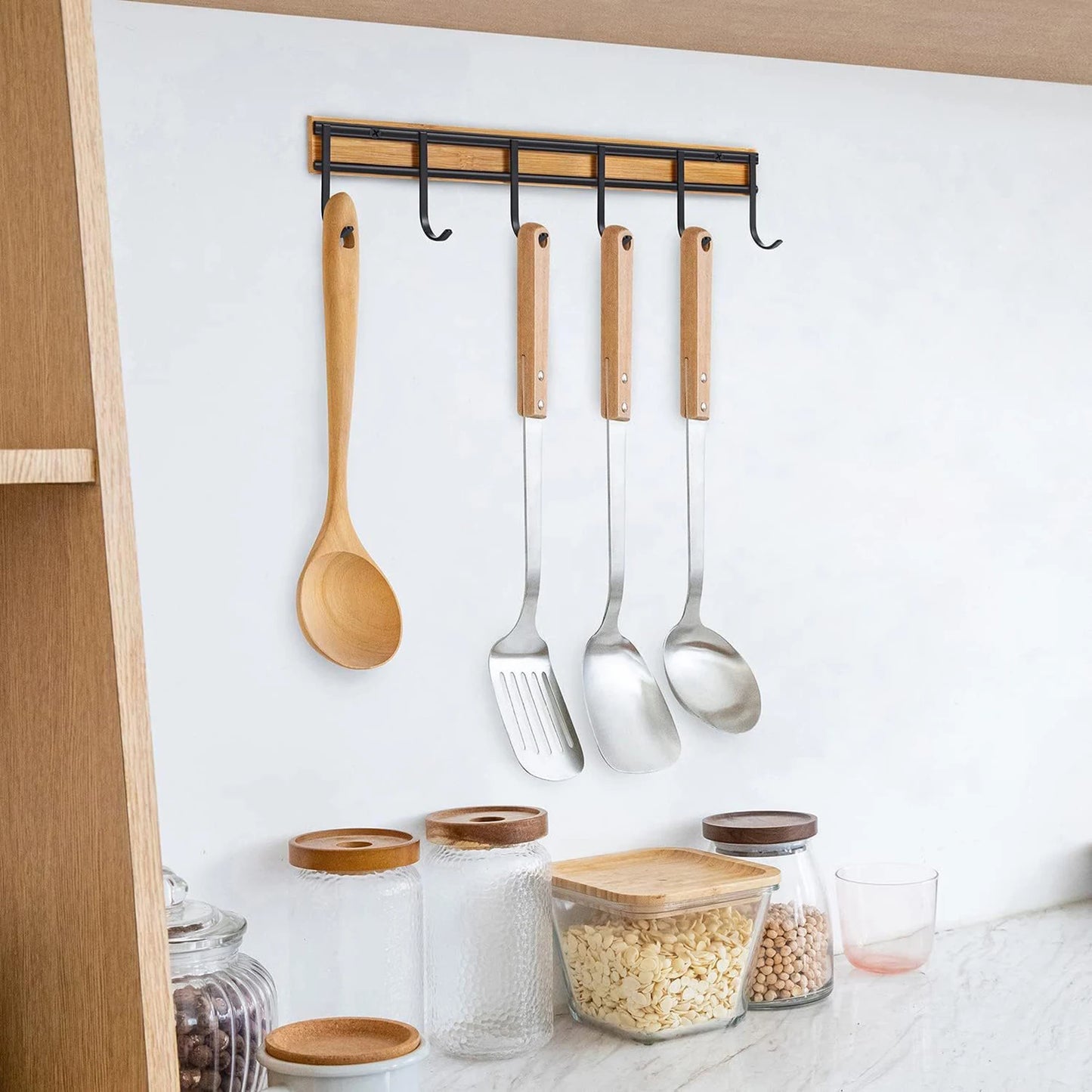 2PCS Wall Mounted Kitchen Utensil Hooks Set of 6 Black Metal Bamboo Decor Hangers Space Saving Organizer for Spoon Towel Key