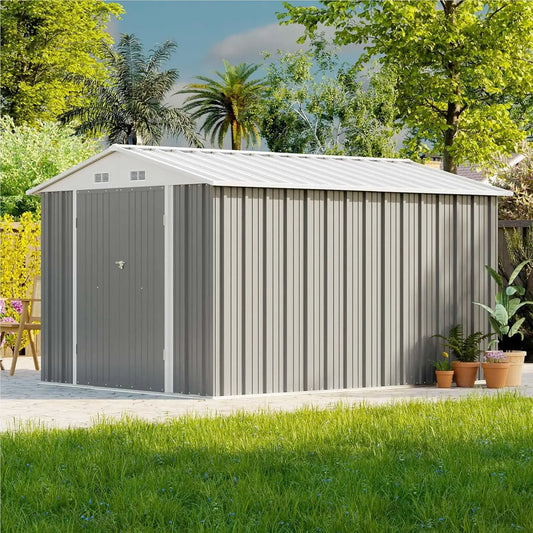 8x10FT Outdoor Storage Shed Metal Sloping Roof Double Lockable Door Backyard Garden Patio Lawn Tool Custom