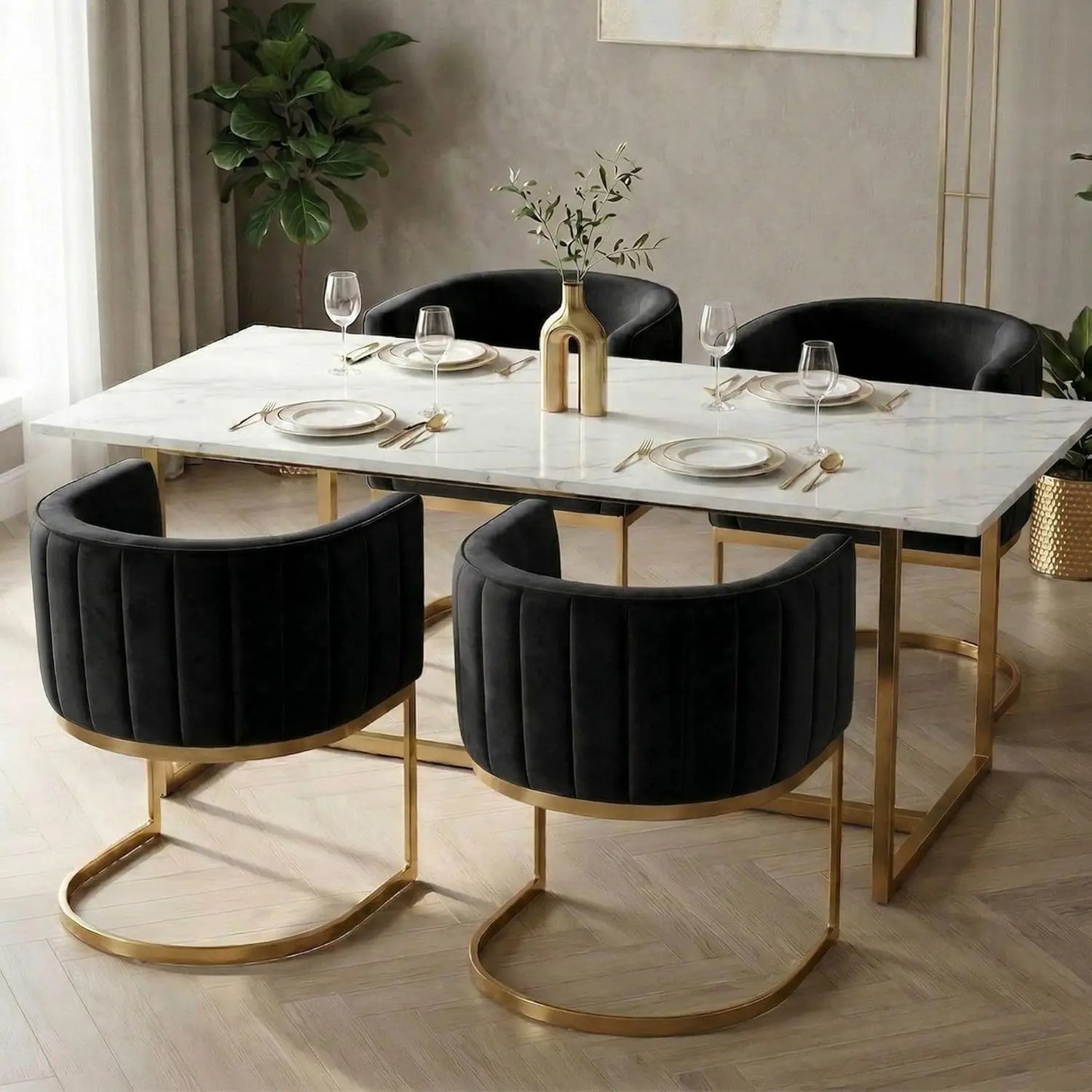 Set of 4 Black and Gold Modern Dining Chairs, Velvet Upholstered Barrel Armchairs with Metal Legs for Kitchen, Customized