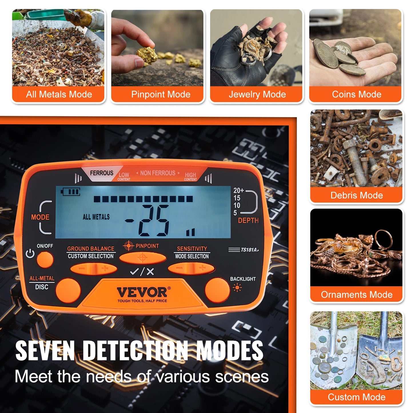 VEVOR Metal Detector for Adults & Kids 10Inch Waterproof Search Coil with LCD Display 7 Modes Adjustable 41''-52'' Aluminum Stem
