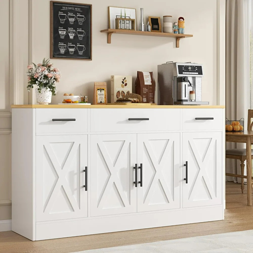 Vongrasig Farmhouse Buffet Cabinet Drawers Adjustable Shelves Large Sideboard Kitchen Dining Room Storage White