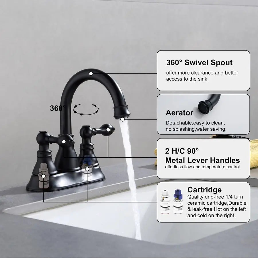Handle Bathroom Sink Faucet Matte Black 3 Hole with Overflow Pop up Drain, 360 Swivel Spout, Centerset Lavatory Faucet, F4501MT