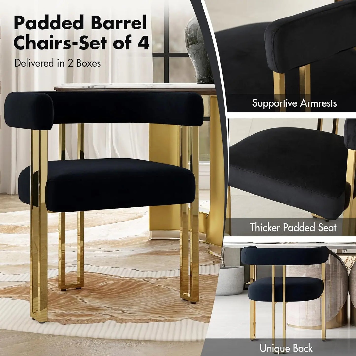 Set of 4 Black and Gold Modern Dining Chairs, Velvet Upholstered Barrel Armchairs with Metal Legs for Kitchen, Customized