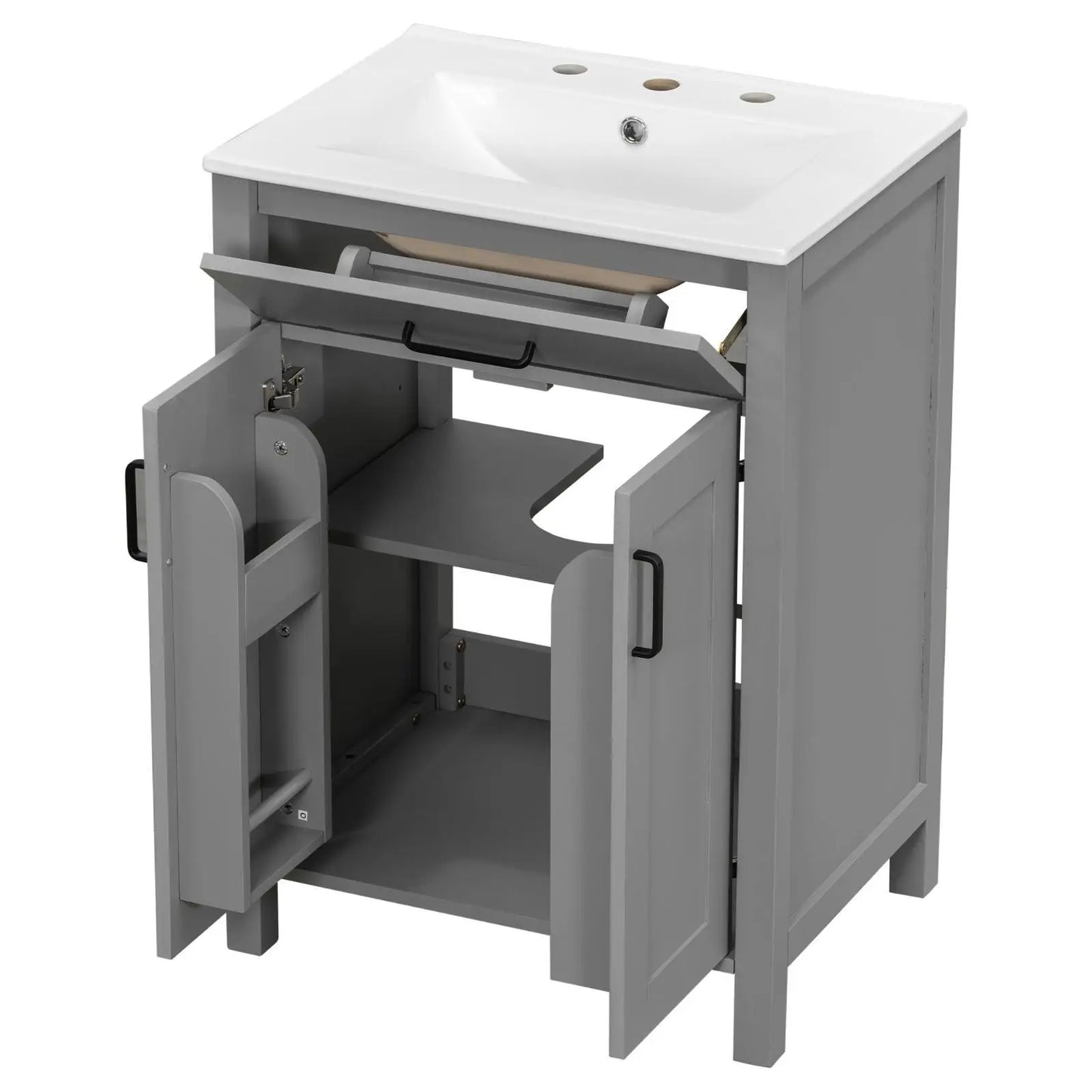Grey Solid Wood Bathroom Vanities Ceramic Sink Combo Space Saving Doors Cabinet Set for Small Contemporary Bathrooms