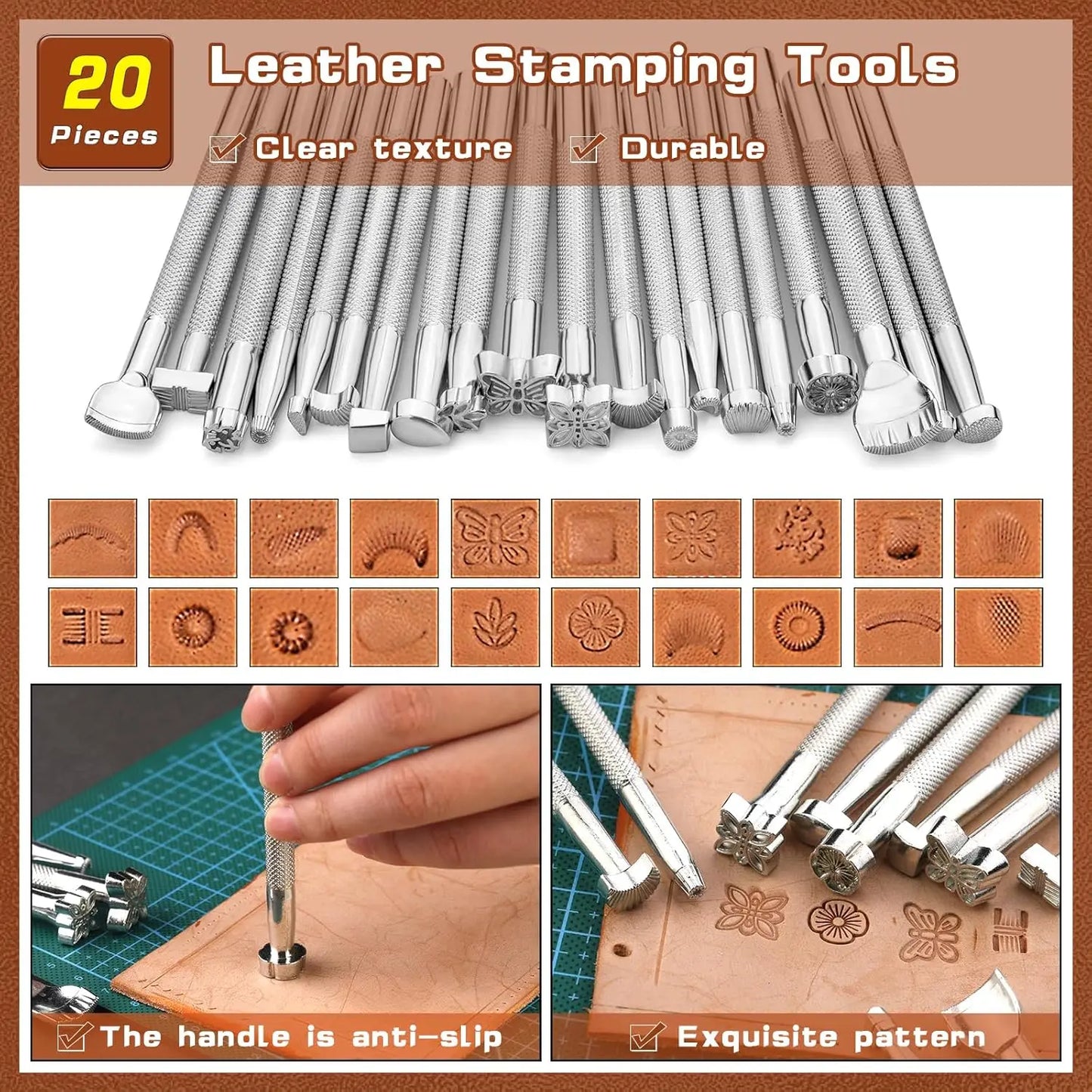 Leather Crafting Tool Kit with Storage Bag for DIY Sewing Carving Punching Stamping, Essential Supplies