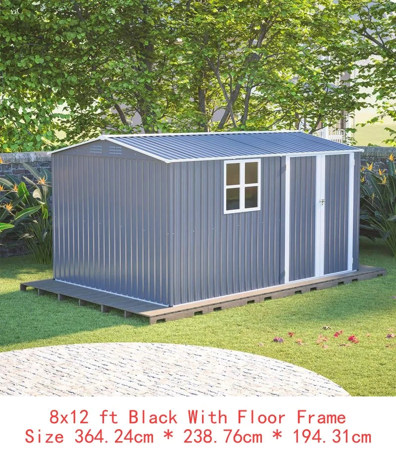 XL Heavy-Duty Steel Storage Shed 8x12 Ft with Window, Hinged Gray Doors & 4 Vents for Backyard, Garden, Patio, Durable &