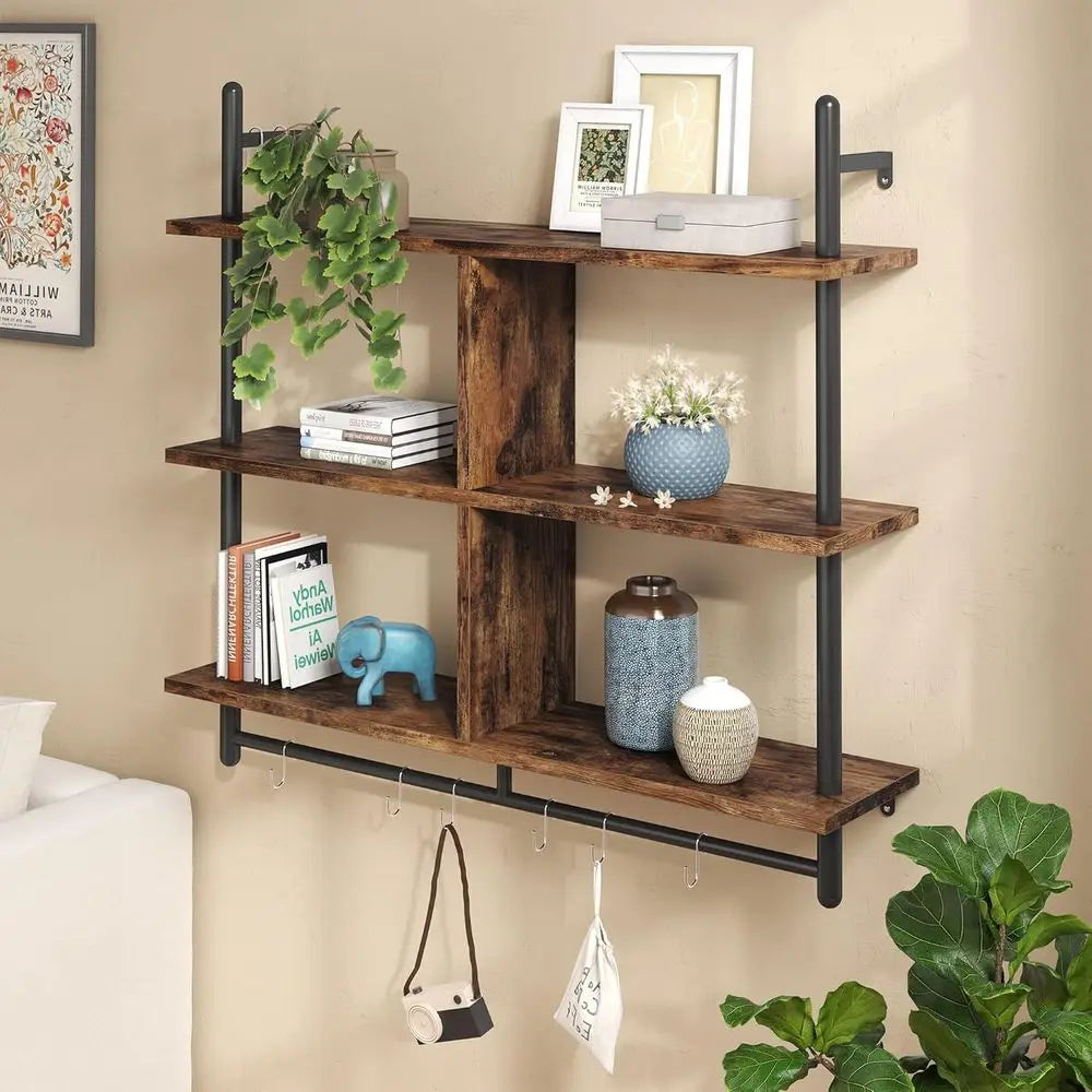 41.5" loating Shelves or Wall 3 Tier Kitchen Shelves Wall Mounted Coee Bar Shel Hanging Shel with 8 Hooks, Industrial Display Pi