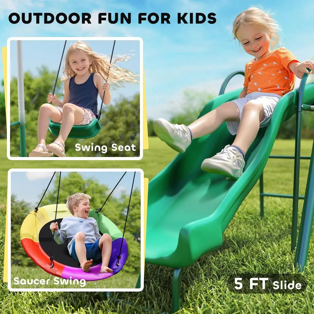 Swing Set for Backyard with Adjustable Seat and Saucer Swing, 5 Slide, Heavy Duty AFrame Metal Stand Outdoor Playground Playset